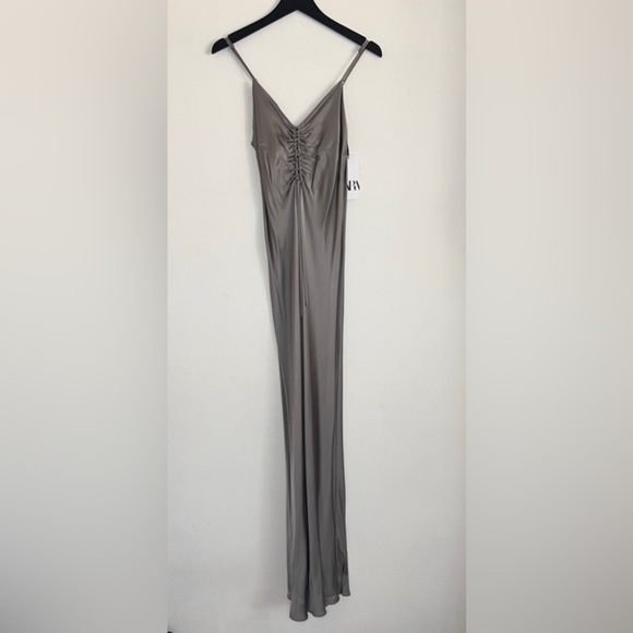 Zara Ruched Slip Dress Midi Satin Feel Size XS Grey Cocktail Party - Picture 2 of 10